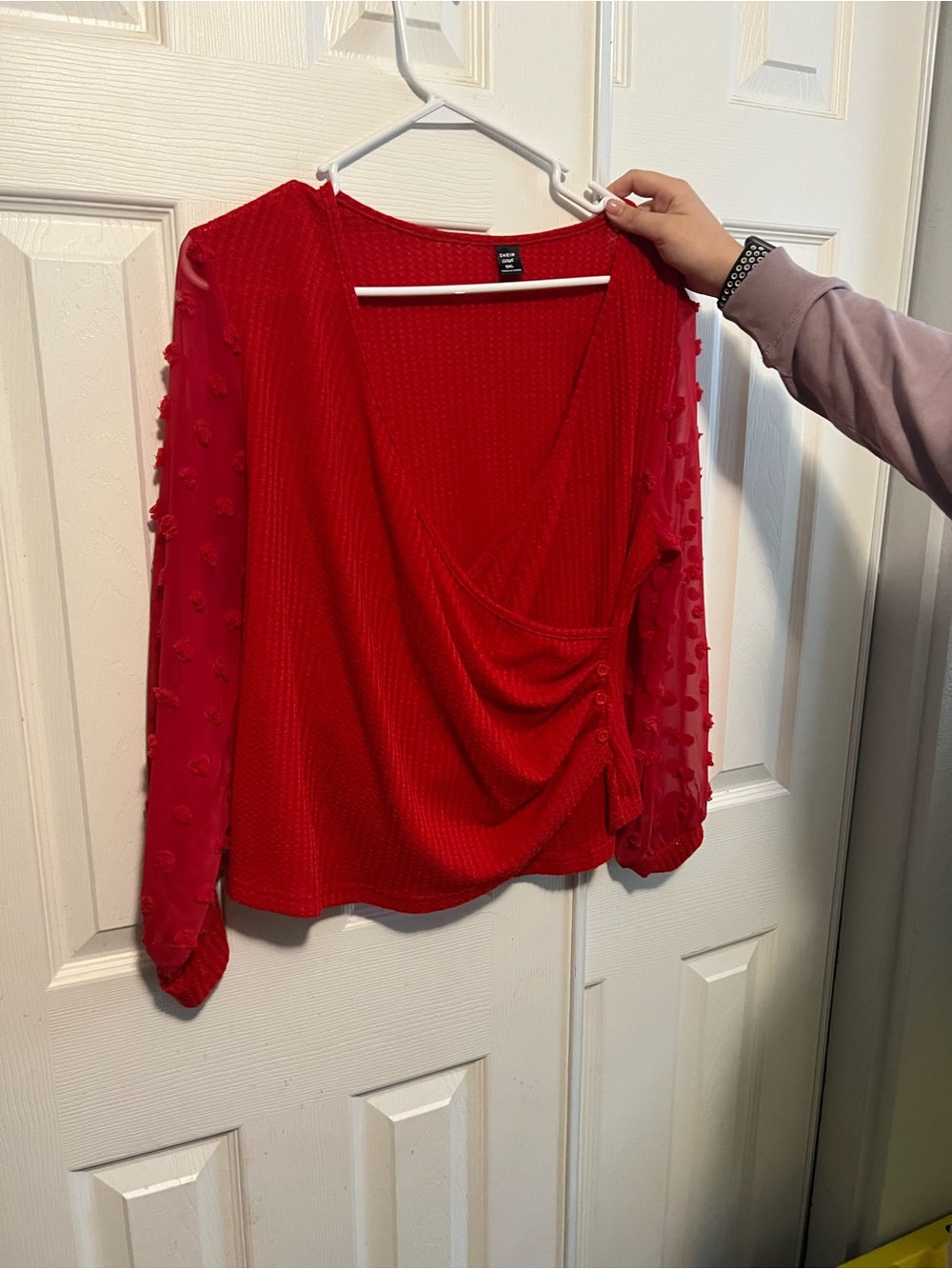 SHEIN Red Draped V-Neck Blouse with Dot-Embellished Sheer Sleeves